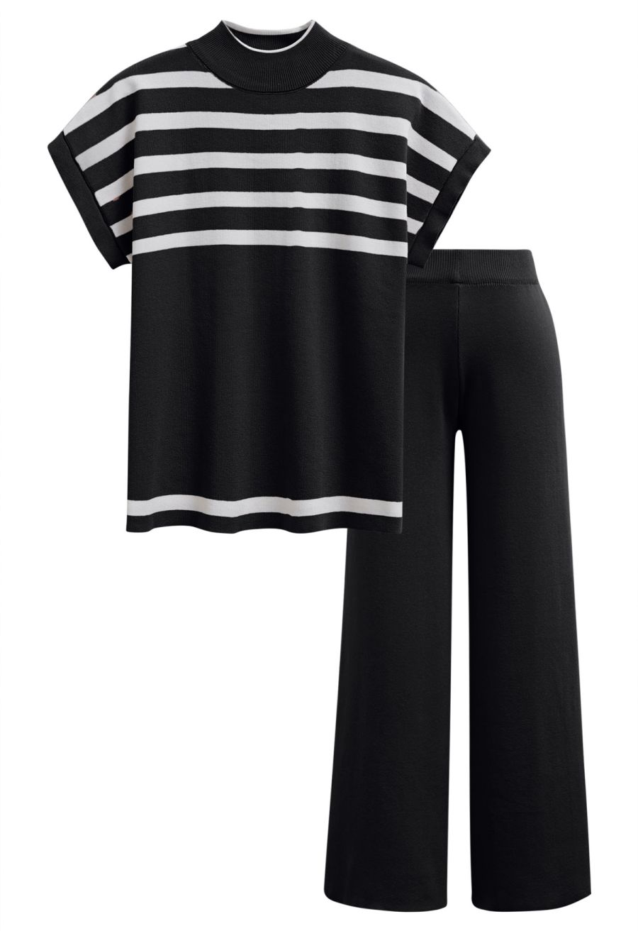 Striped Mock Neck Cap Sleeve Knit Top and Pants Set in Black
