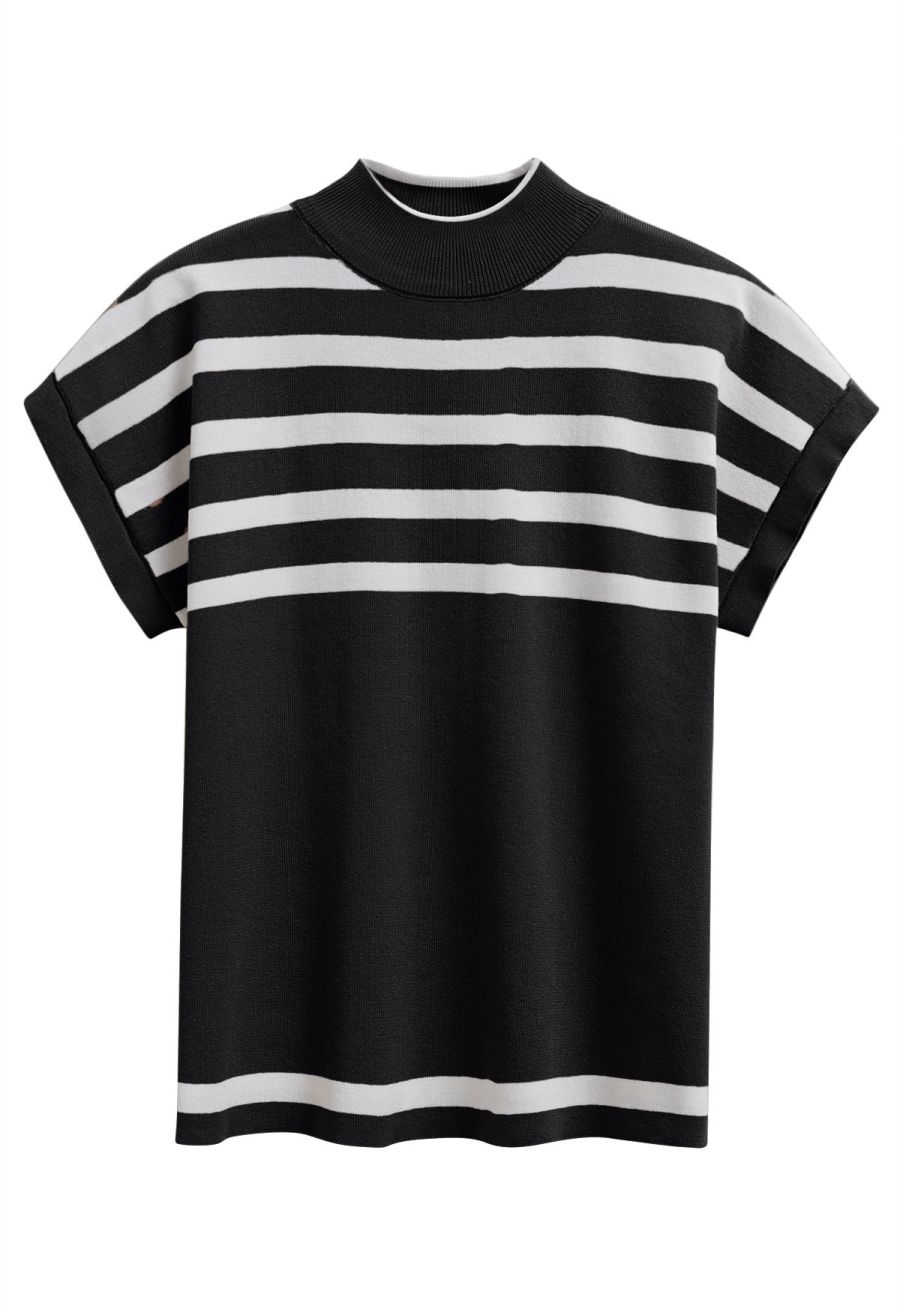 Striped Mock Neck Cap Sleeve Knit Top and Pants Set in Black