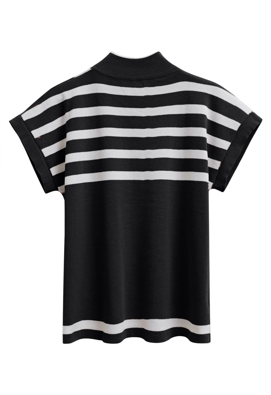 Striped Mock Neck Cap Sleeve Knit Top and Pants Set in Black