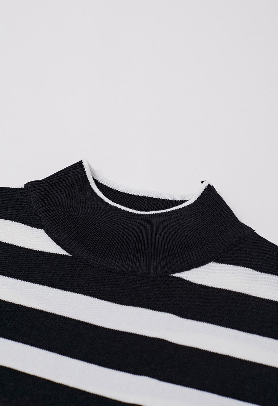 Striped Mock Neck Cap Sleeve Knit Top and Pants Set in Black