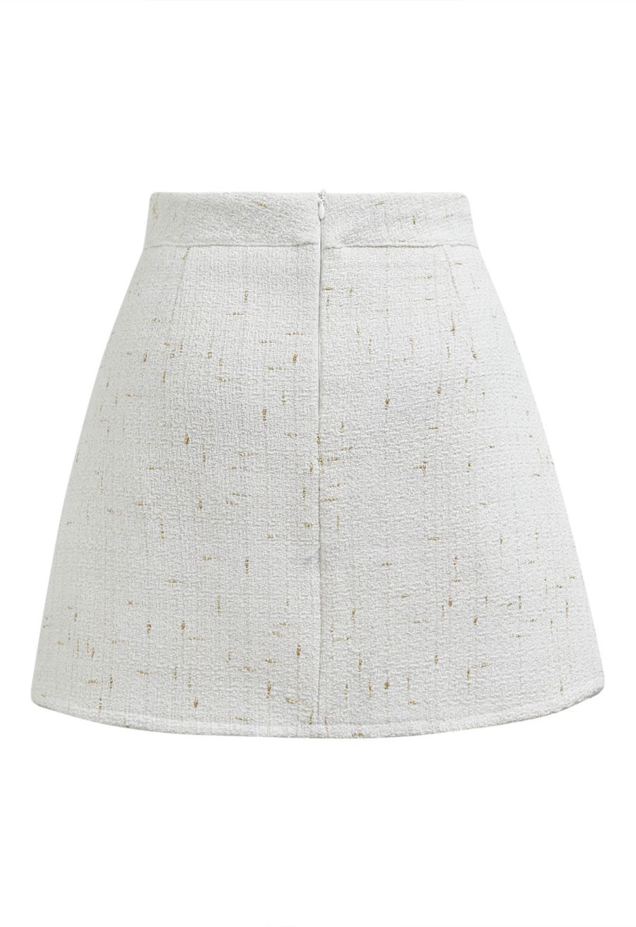 Button Decor Beaded Tweed Mini Bud Skirt in White
