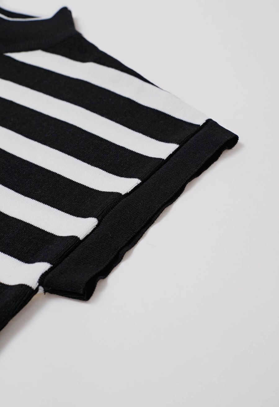 Striped Mock Neck Cap Sleeve Knit Top and Pants Set in Black
