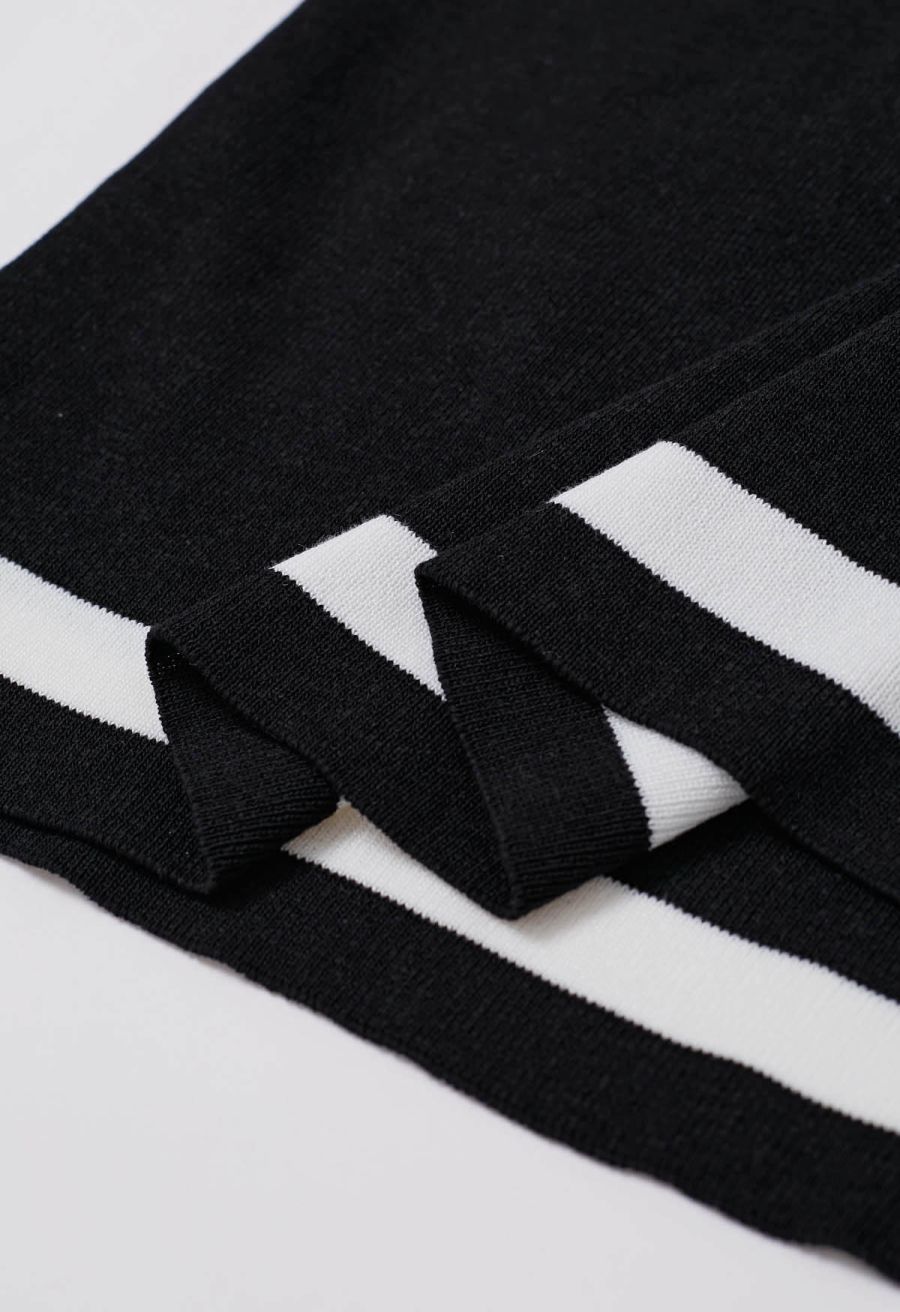 Striped Mock Neck Cap Sleeve Knit Top and Pants Set in Black