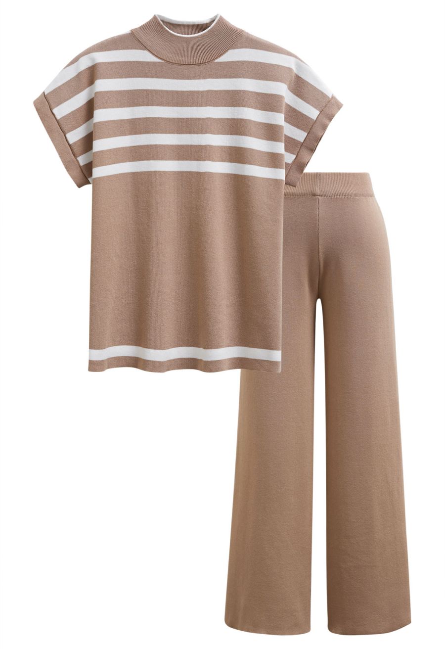 Striped Mock Neck Cap Sleeve Knit Top and Pants Set in Camel
