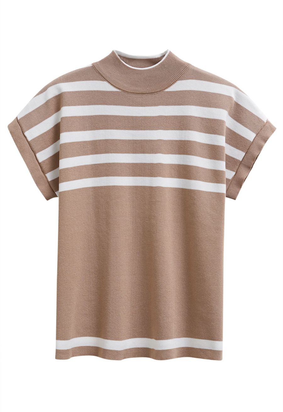 Striped Mock Neck Cap Sleeve Knit Top and Pants Set in Camel
