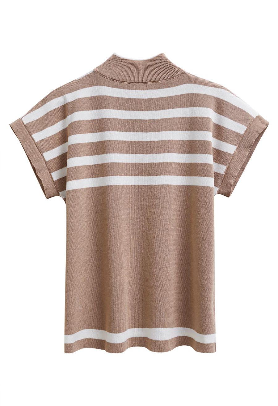 Striped Mock Neck Cap Sleeve Knit Top and Pants Set in Camel