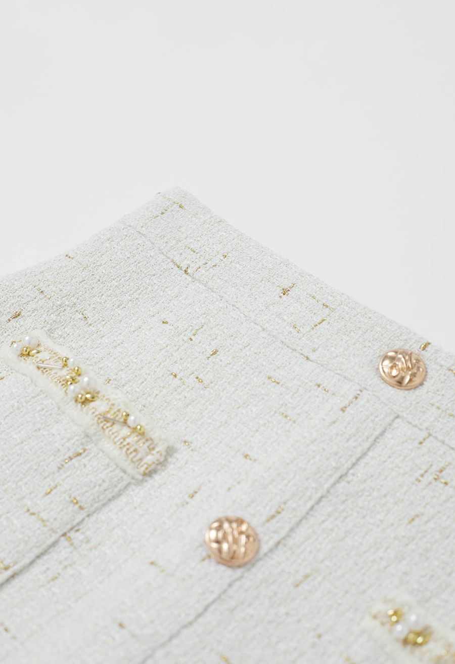 Button Decor Beaded Tweed Mini Bud Skirt in White
