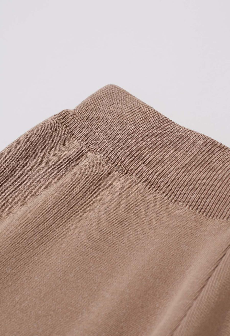 Striped Mock Neck Cap Sleeve Knit Top and Pants Set in Camel