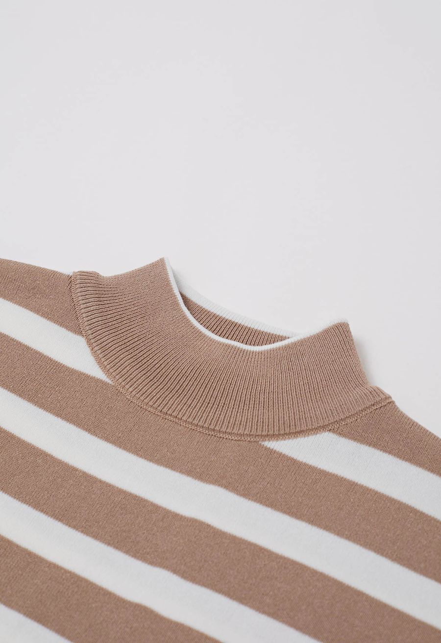 Striped Mock Neck Cap Sleeve Knit Top and Pants Set in Camel