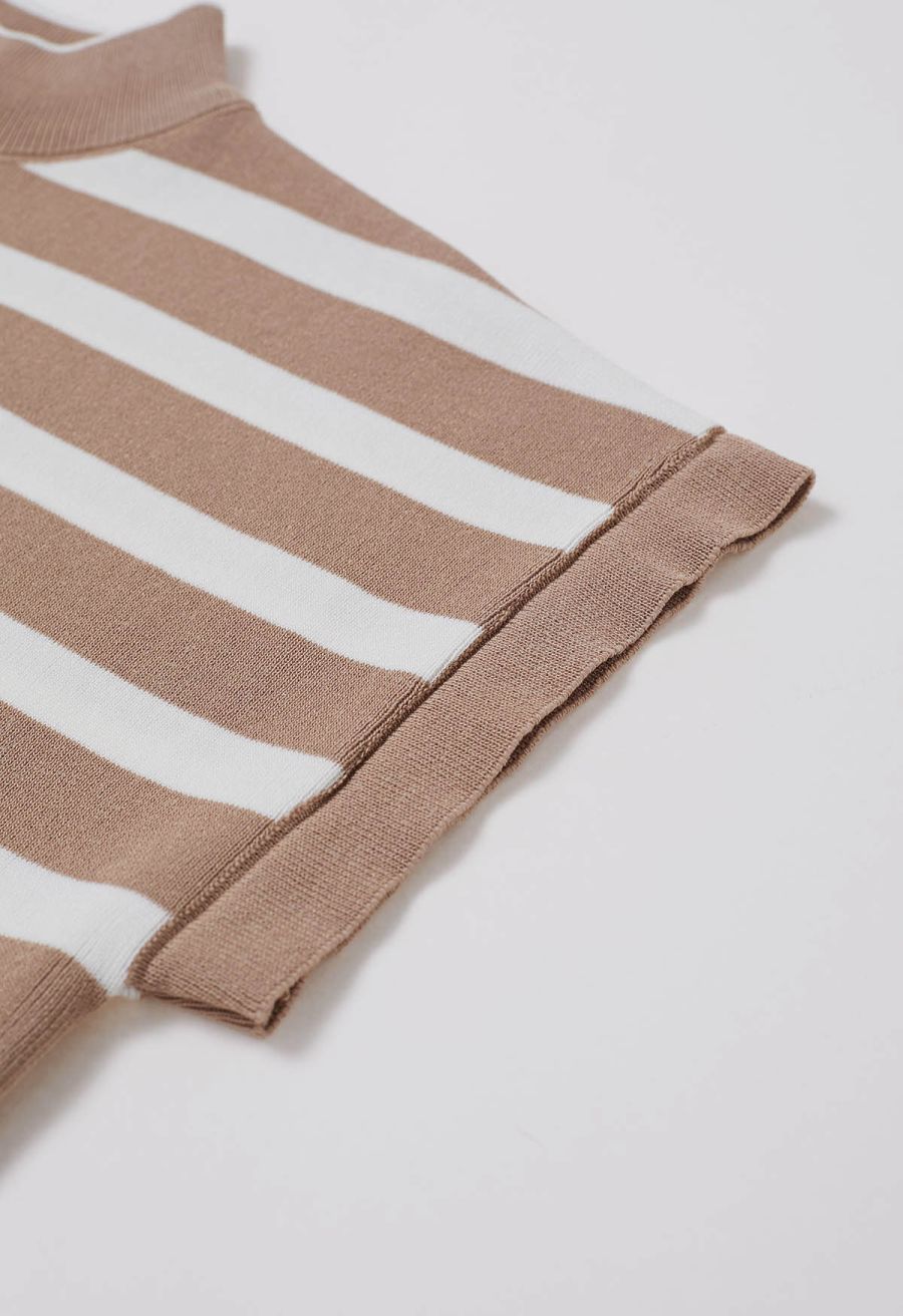 Striped Mock Neck Cap Sleeve Knit Top and Pants Set in Camel
