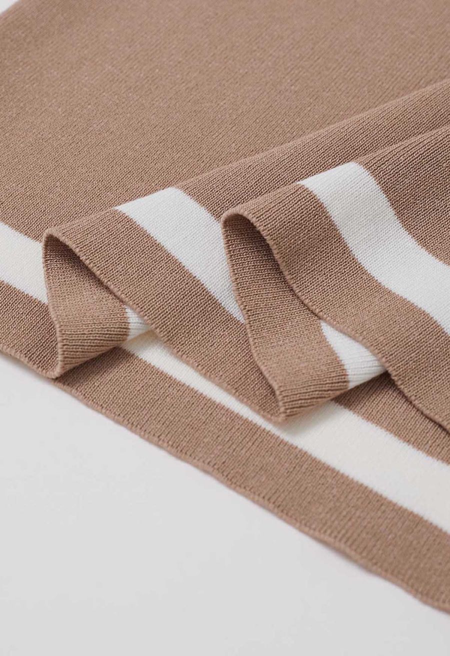 Striped Mock Neck Cap Sleeve Knit Top and Pants Set in Camel