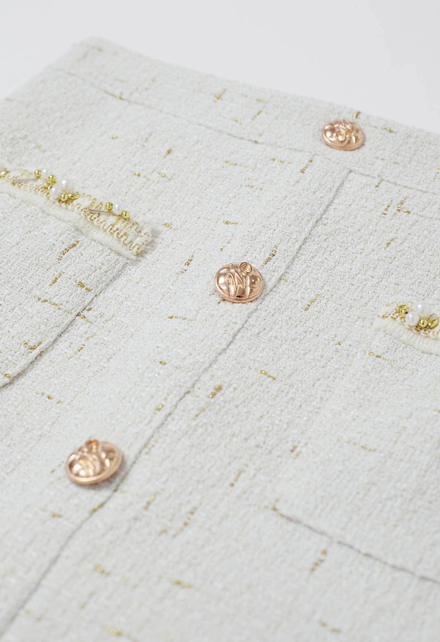 Button Decor Beaded Tweed Mini Bud Skirt in White