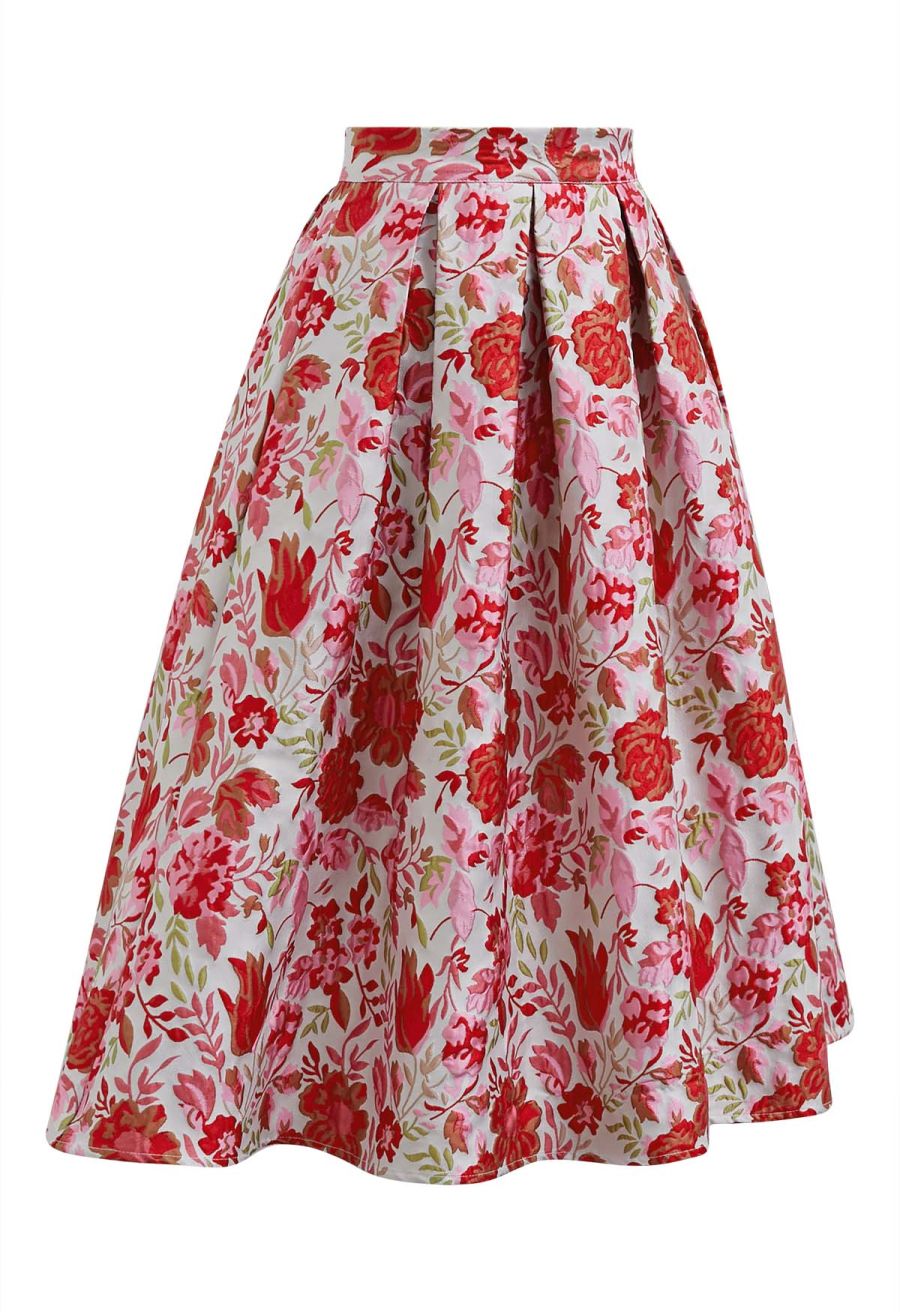 Reddish Flower Jacquard Pleated Midi Skirt