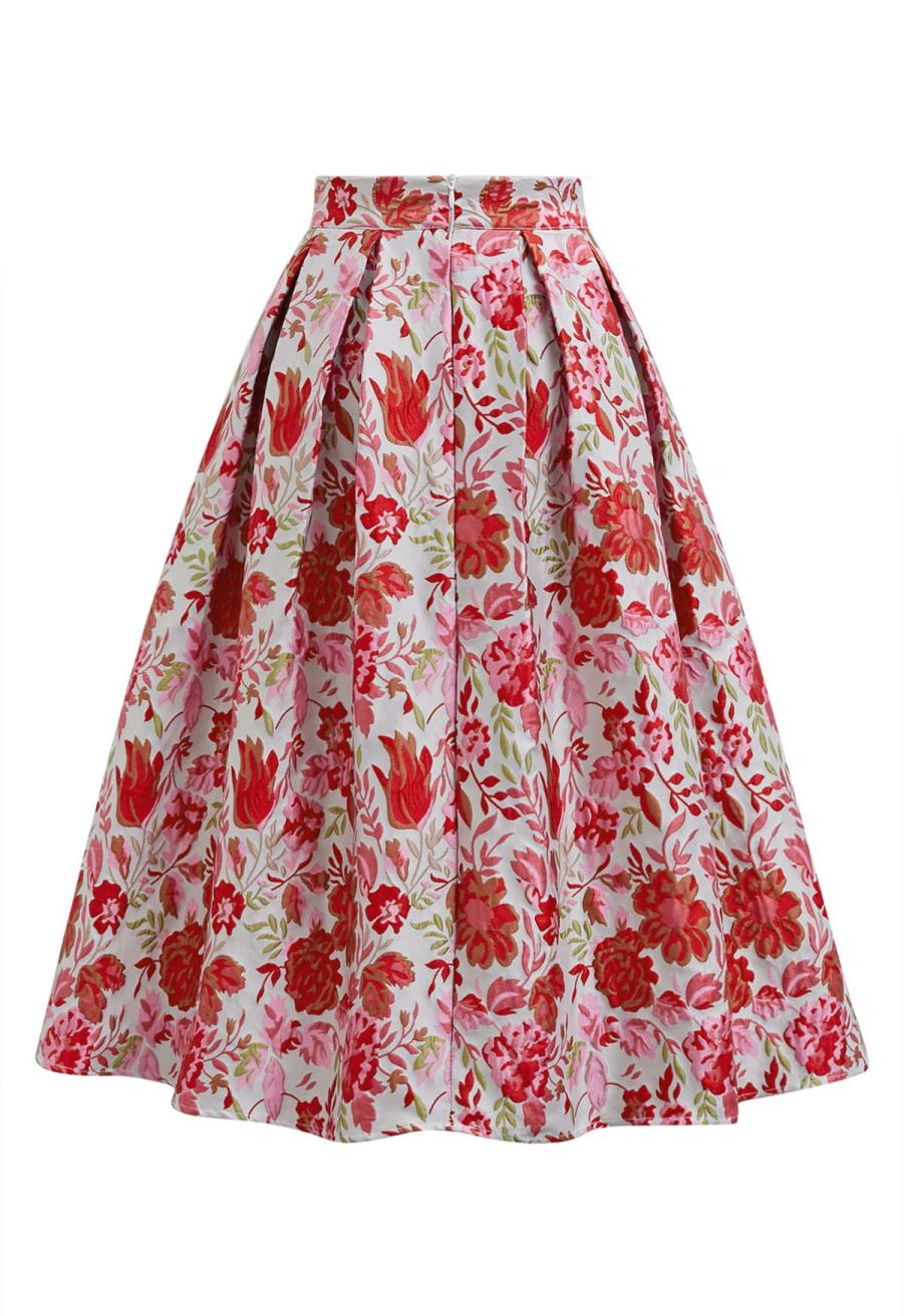 Reddish Flower Jacquard Pleated Midi Skirt