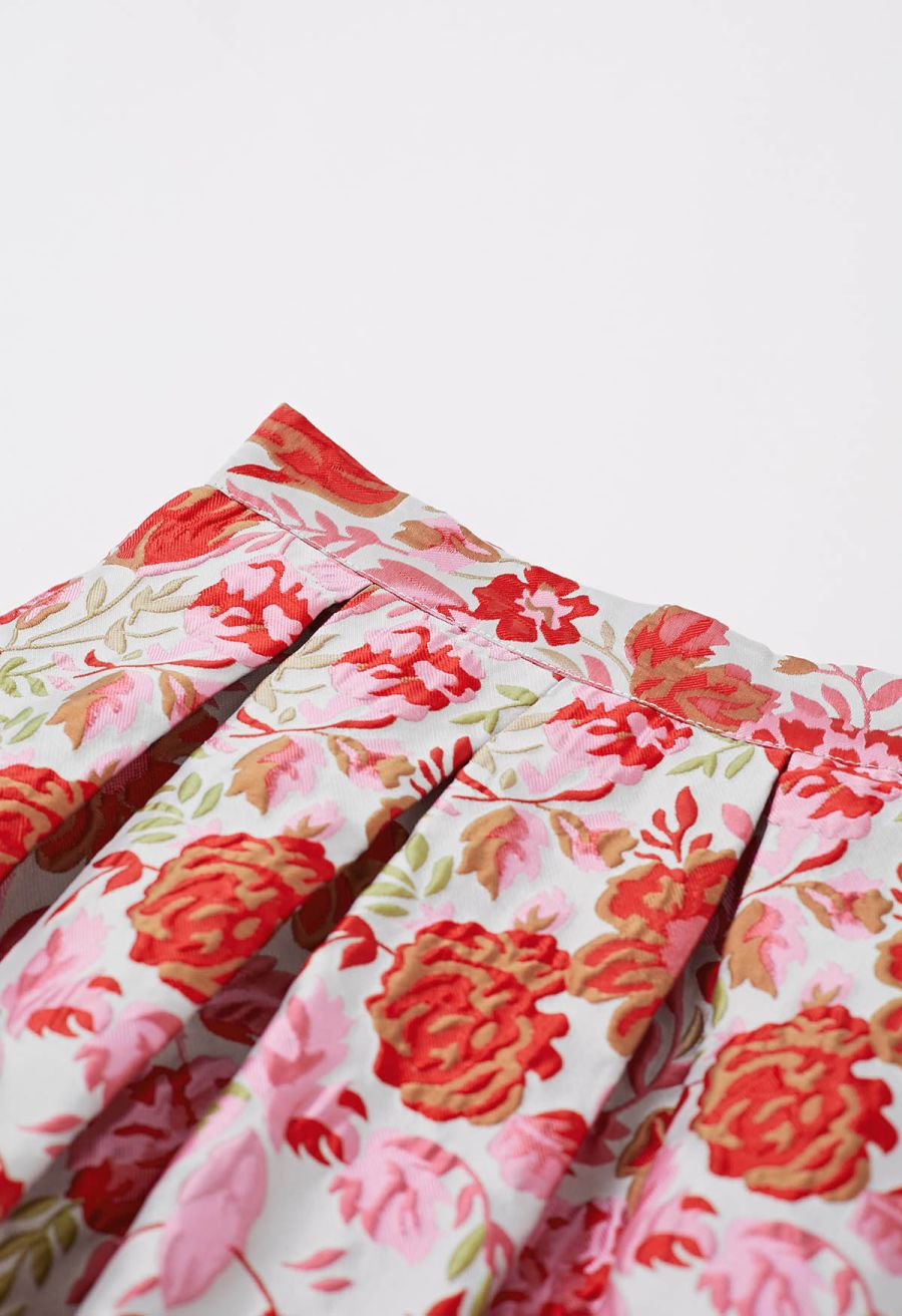 Reddish Flower Jacquard Pleated Midi Skirt