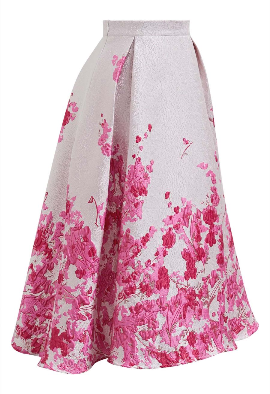 Hot Pink Flower Field Jacquard A-Line Midi Skirt
