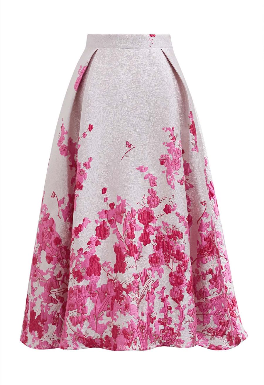 Hot Pink Flower Field Jacquard A-Line Midi Skirt
