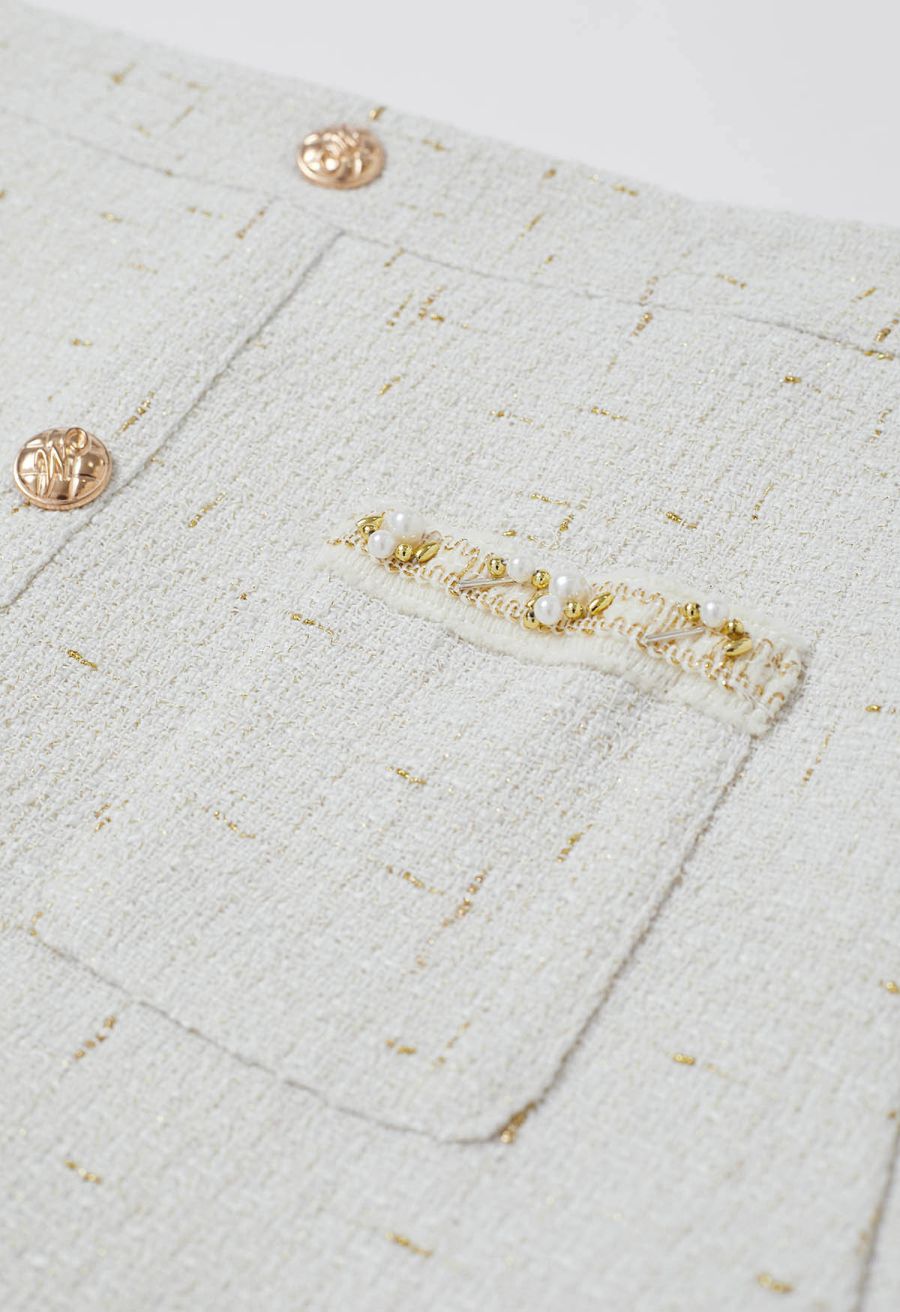 Button Decor Beaded Tweed Mini Bud Skirt in White