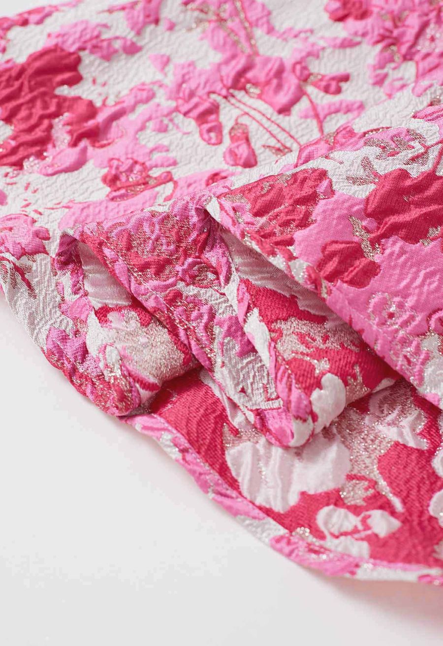 Hot Pink Flower Field Jacquard A-Line Midi Skirt