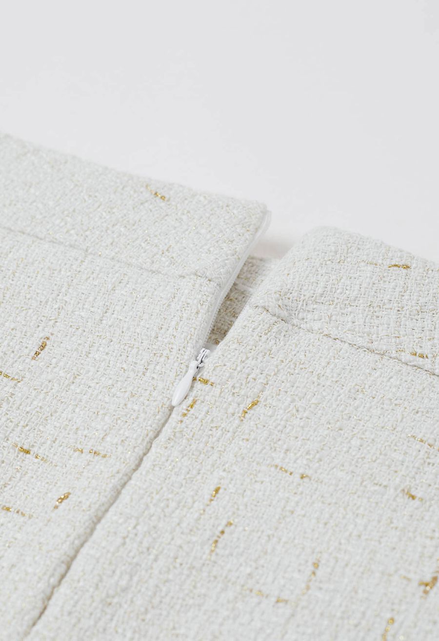 Button Decor Beaded Tweed Mini Bud Skirt in White