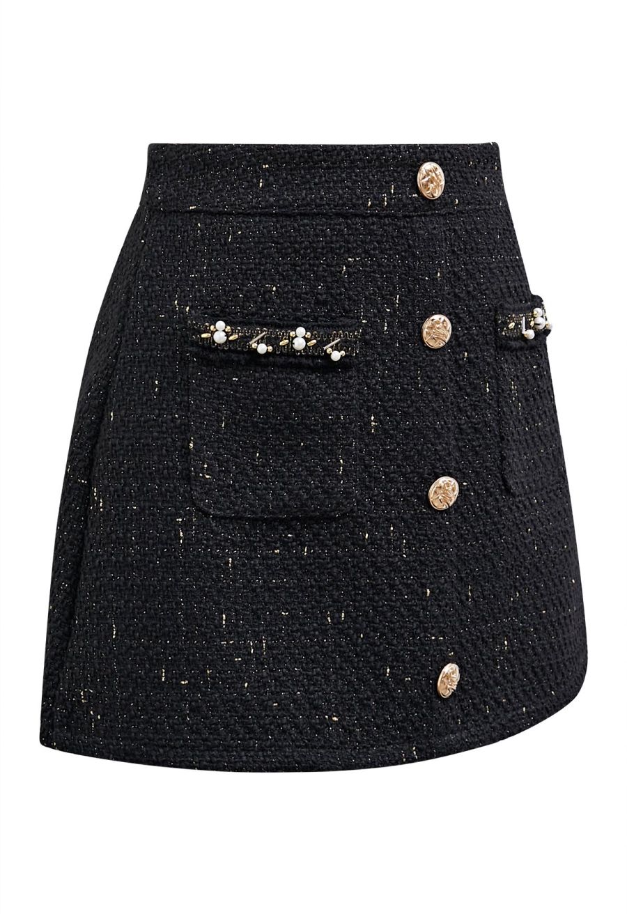 Button Decor Beaded Tweed Mini Bud Skirt in Black