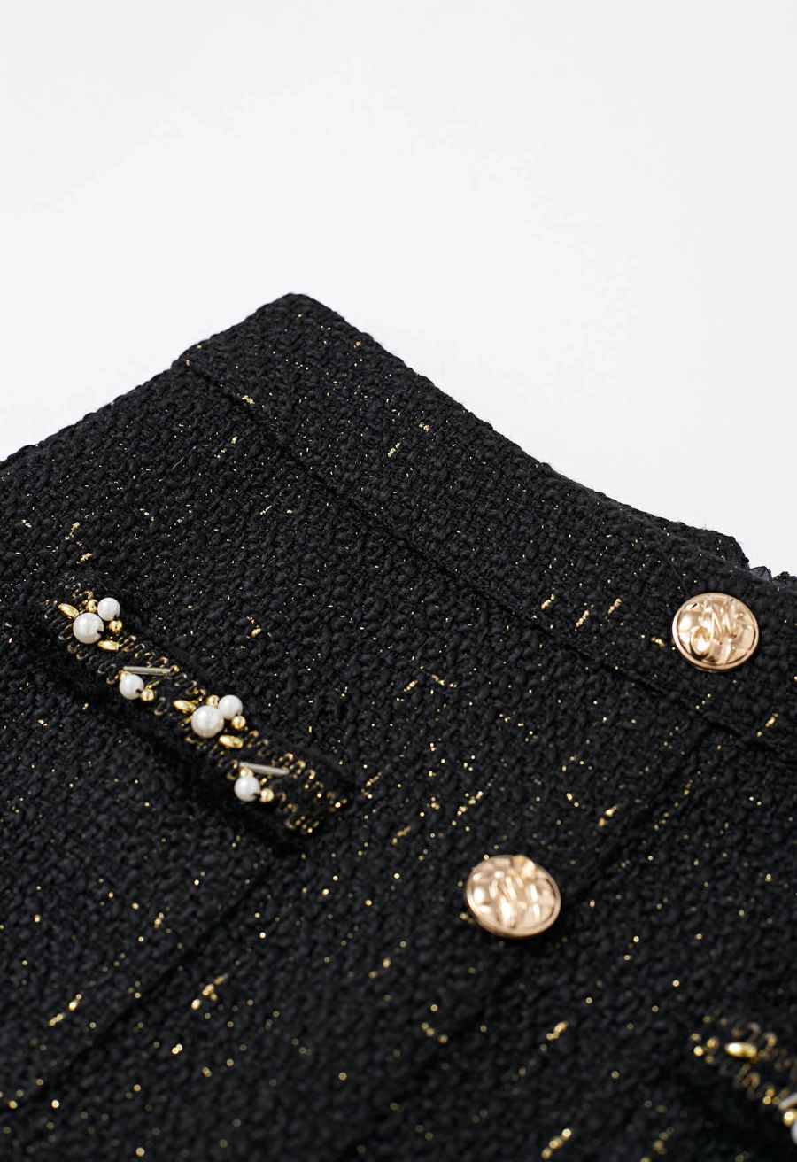 Button Decor Beaded Tweed Mini Bud Skirt in Black