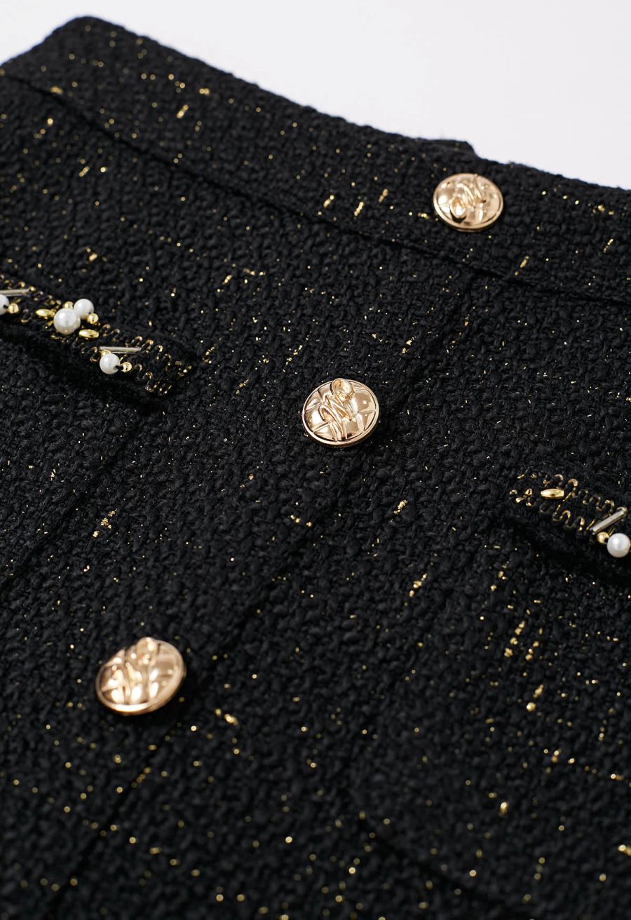 Button Decor Beaded Tweed Mini Bud Skirt in Black