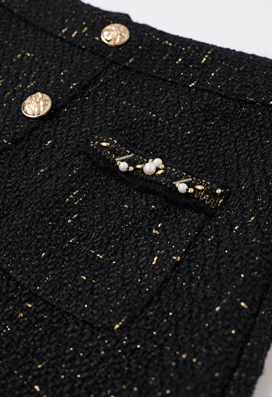 Button Decor Beaded Tweed Mini Bud Skirt in Black