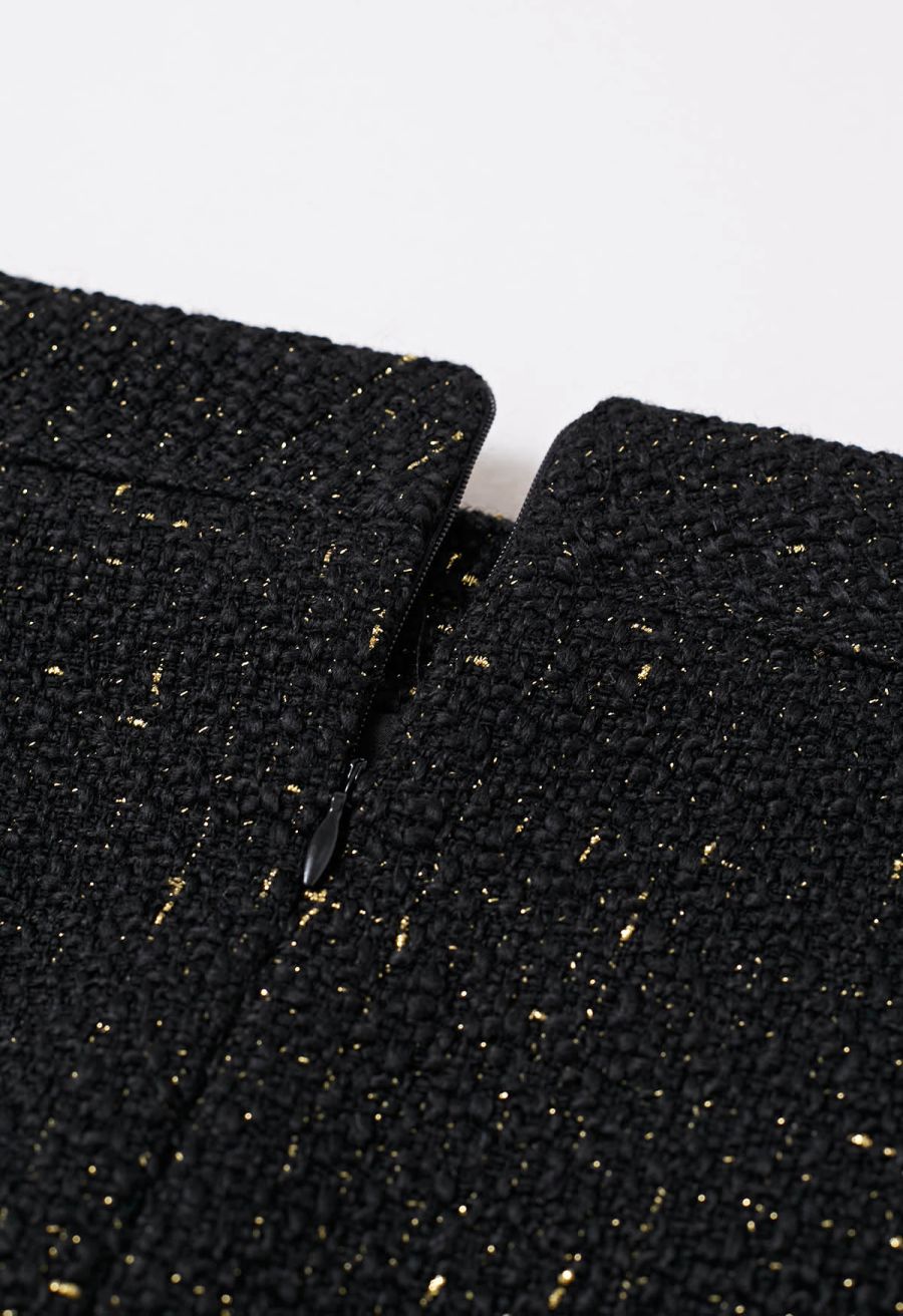 Button Decor Beaded Tweed Mini Bud Skirt in Black