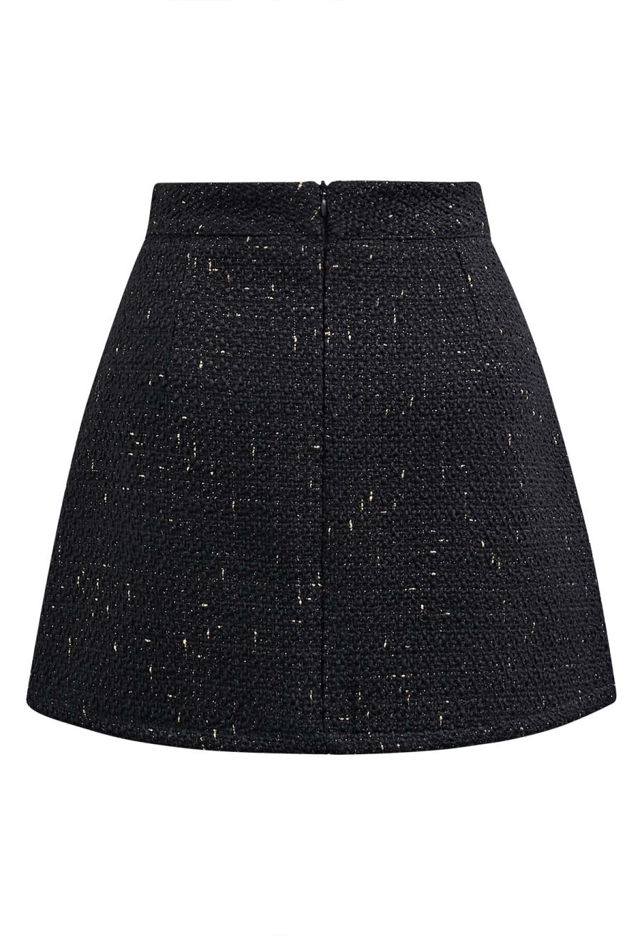 Button Decor Beaded Tweed Mini Bud Skirt in Black