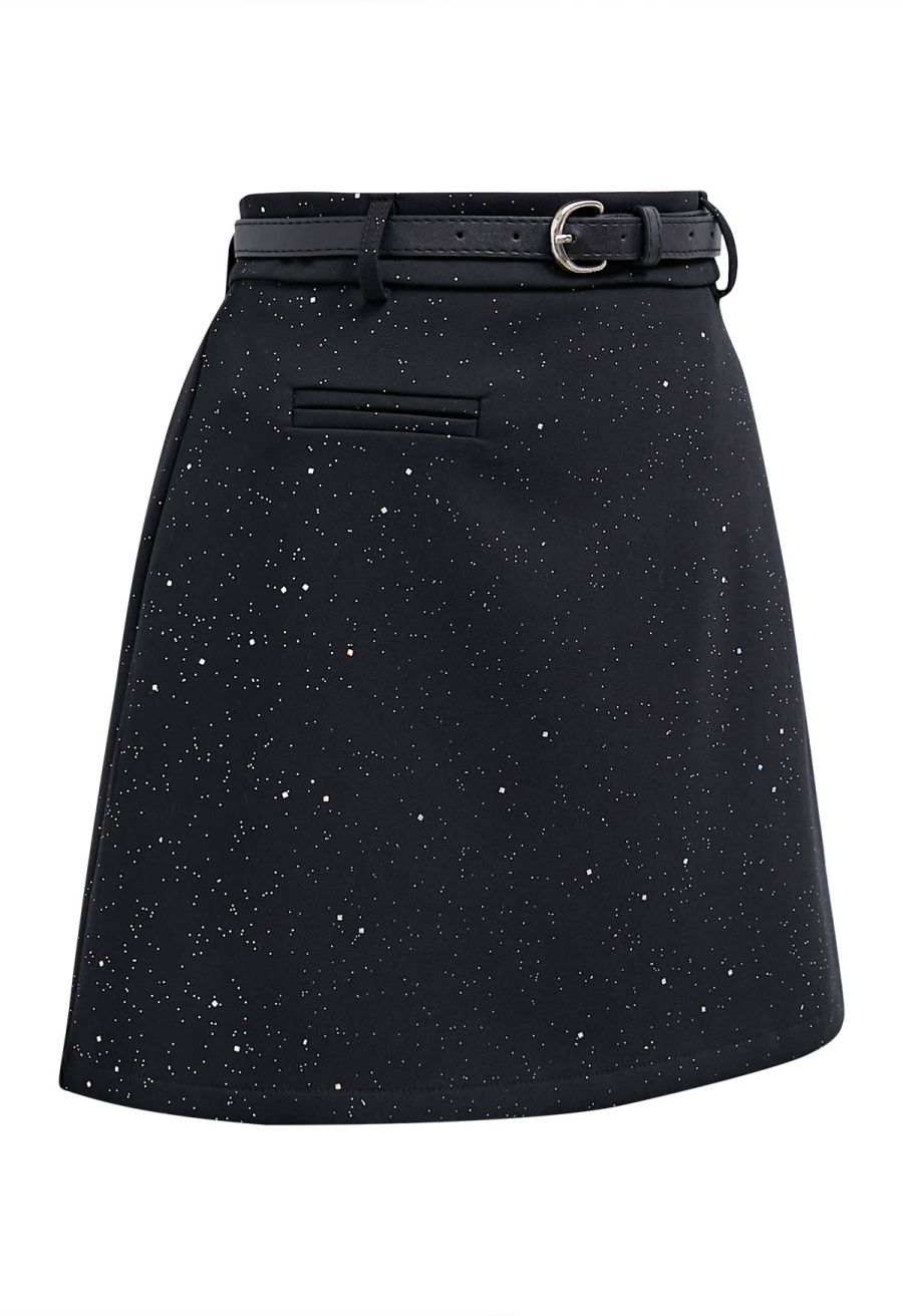 Starry Night Belted Mini Bud Skirt in Black