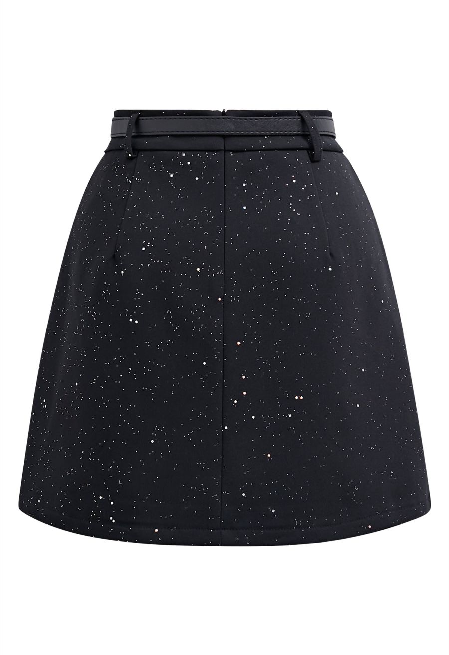 Starry Night Belted Mini Bud Skirt in Black