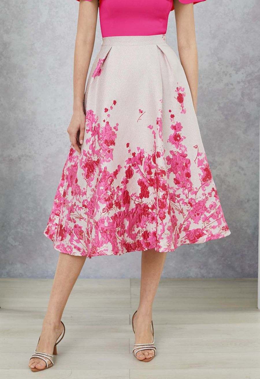Hot Pink Flower Field Jacquard A-Line Midi Skirt