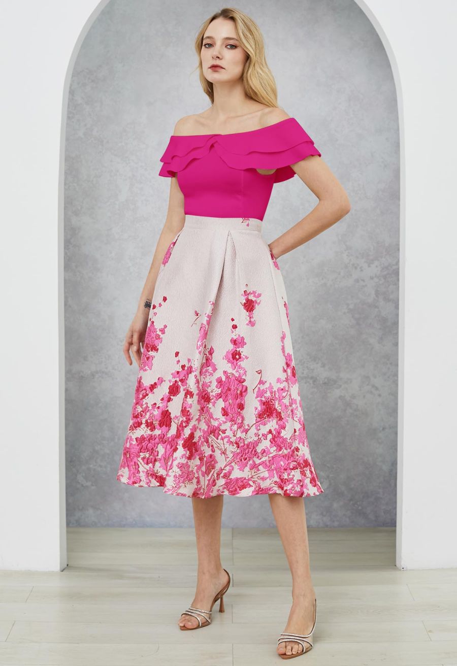 Off-Shoulder Tiered Cropped Knit Top in Hot Pink