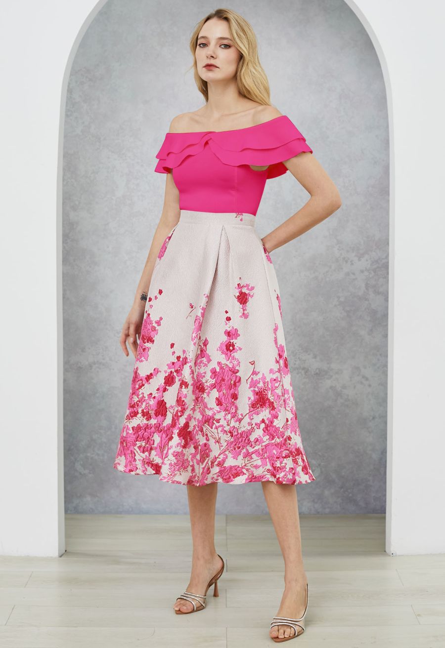 Hot Pink Flower Field Jacquard A-Line Midi Skirt