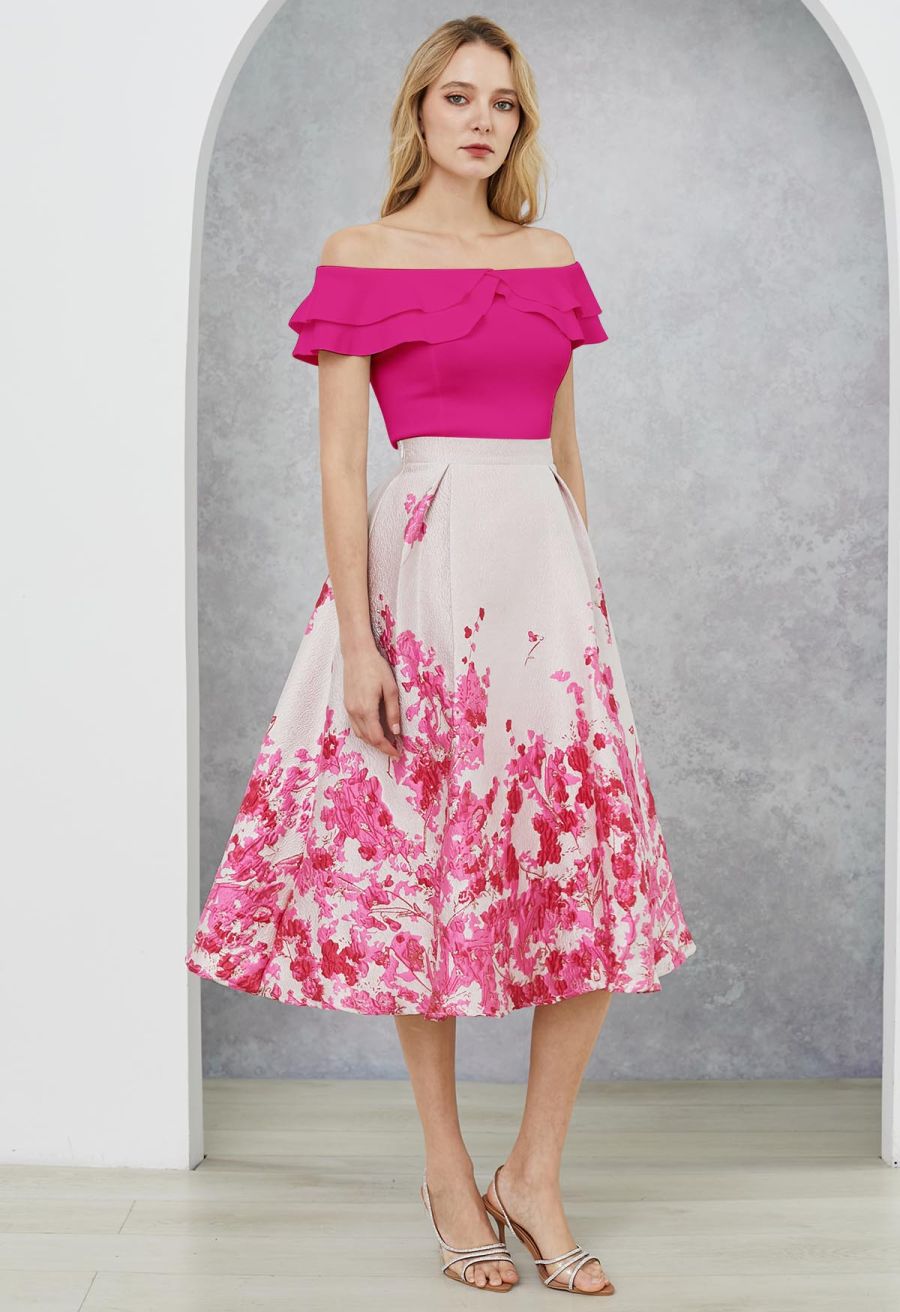 Off-Shoulder Tiered Cropped Knit Top in Hot Pink