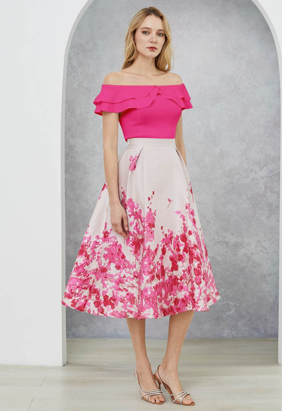 Hot Pink Flower Field Jacquard A-Line Midi Skirt