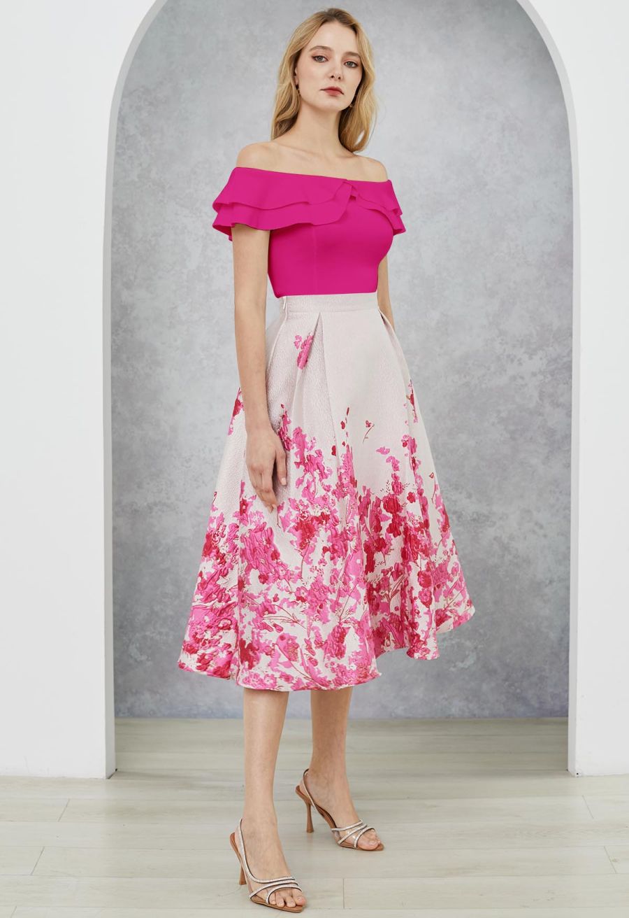 Off-Shoulder Tiered Cropped Knit Top in Hot Pink