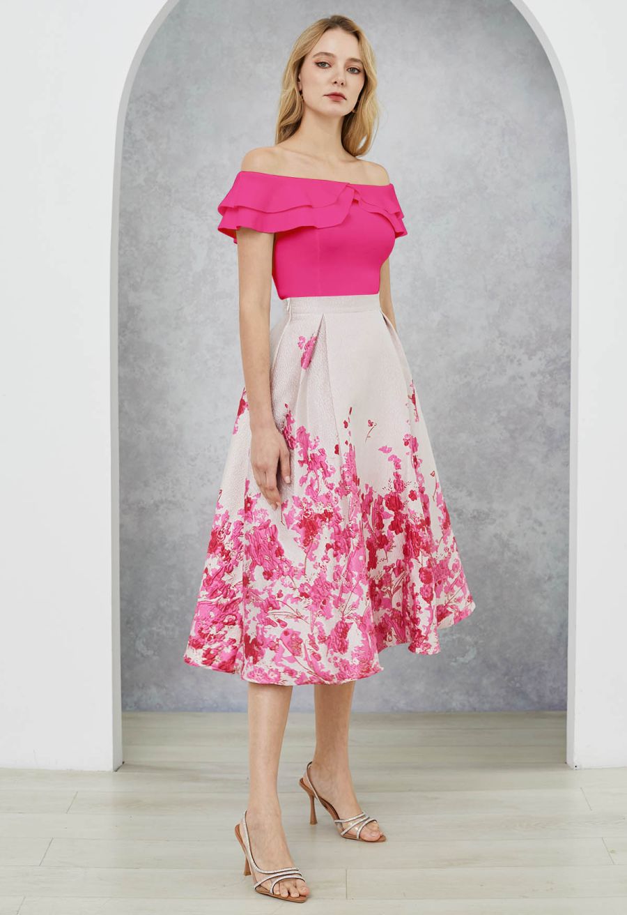 Hot Pink Flower Field Jacquard A-Line Midi Skirt