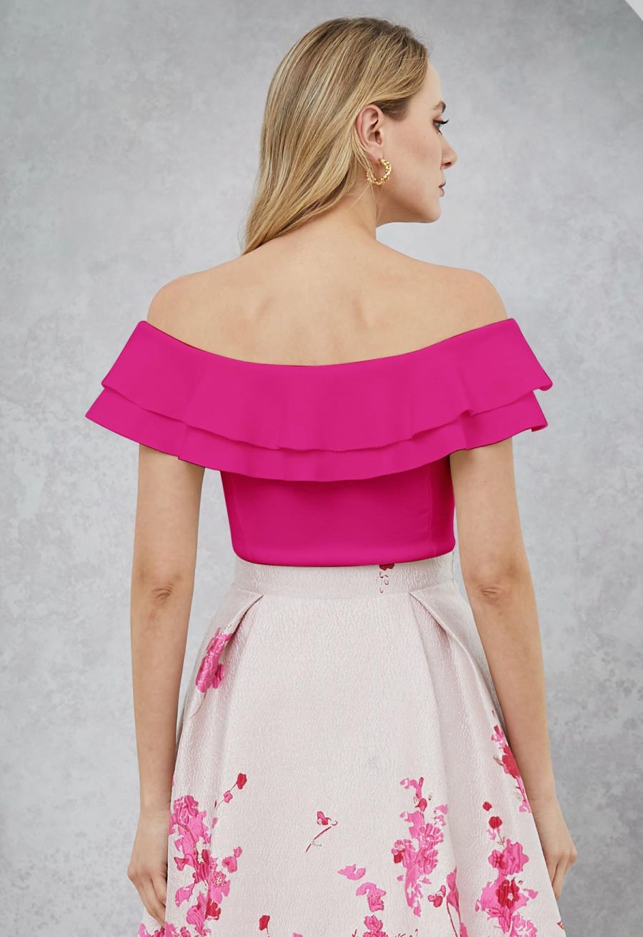 Off-Shoulder Tiered Cropped Knit Top in Hot Pink