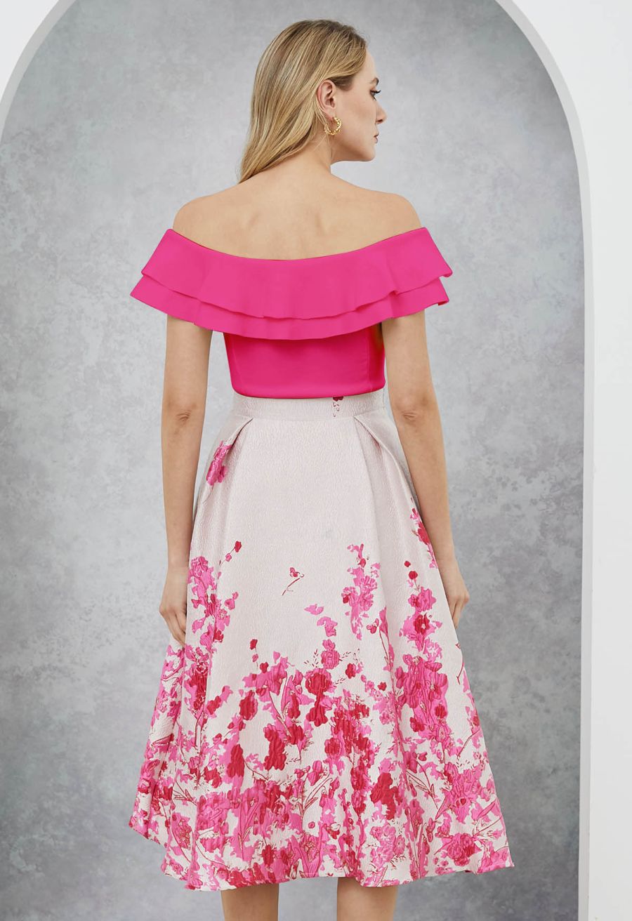 Hot Pink Flower Field Jacquard A-Line Midi Skirt