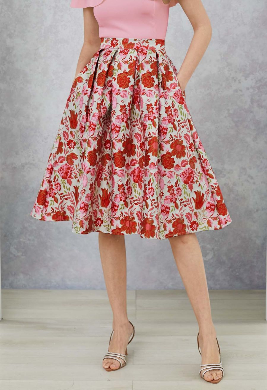 Reddish Flower Jacquard Pleated Midi Skirt