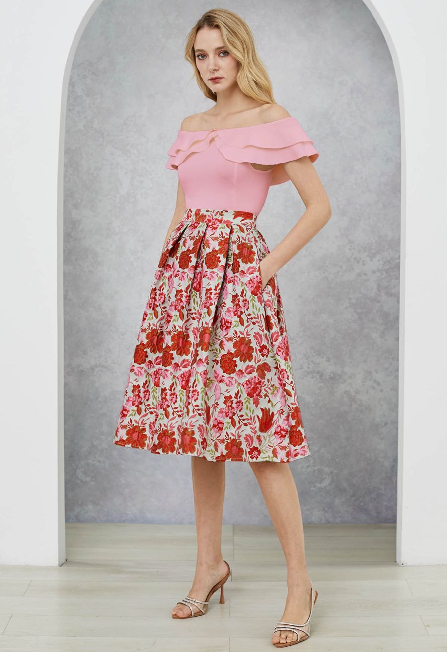 Reddish Flower Jacquard Pleated Midi Skirt