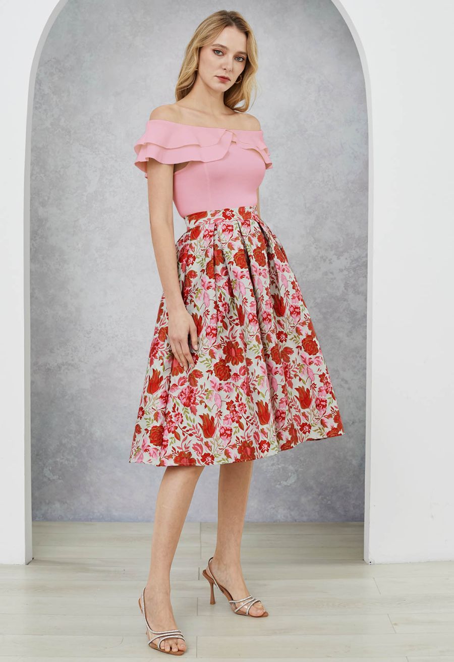 Reddish Flower Jacquard Pleated Midi Skirt