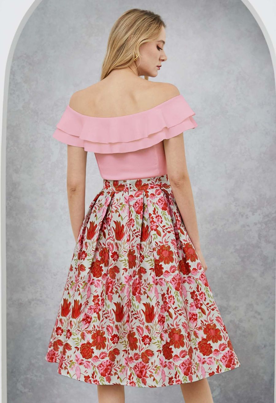Reddish Flower Jacquard Pleated Midi Skirt