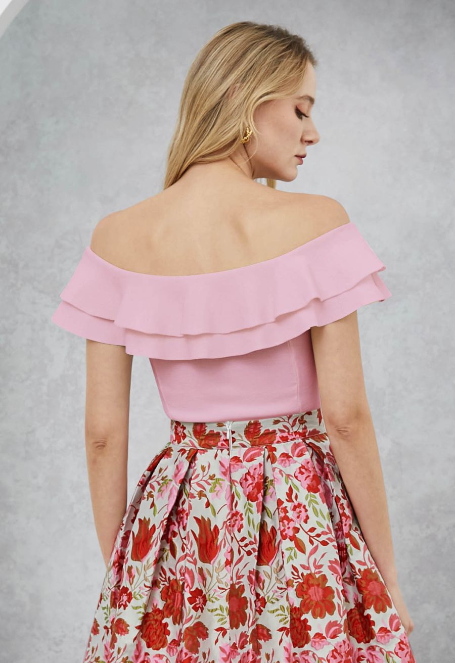 Off-Shoulder Tiered Cropped Knit Top in Light Pink