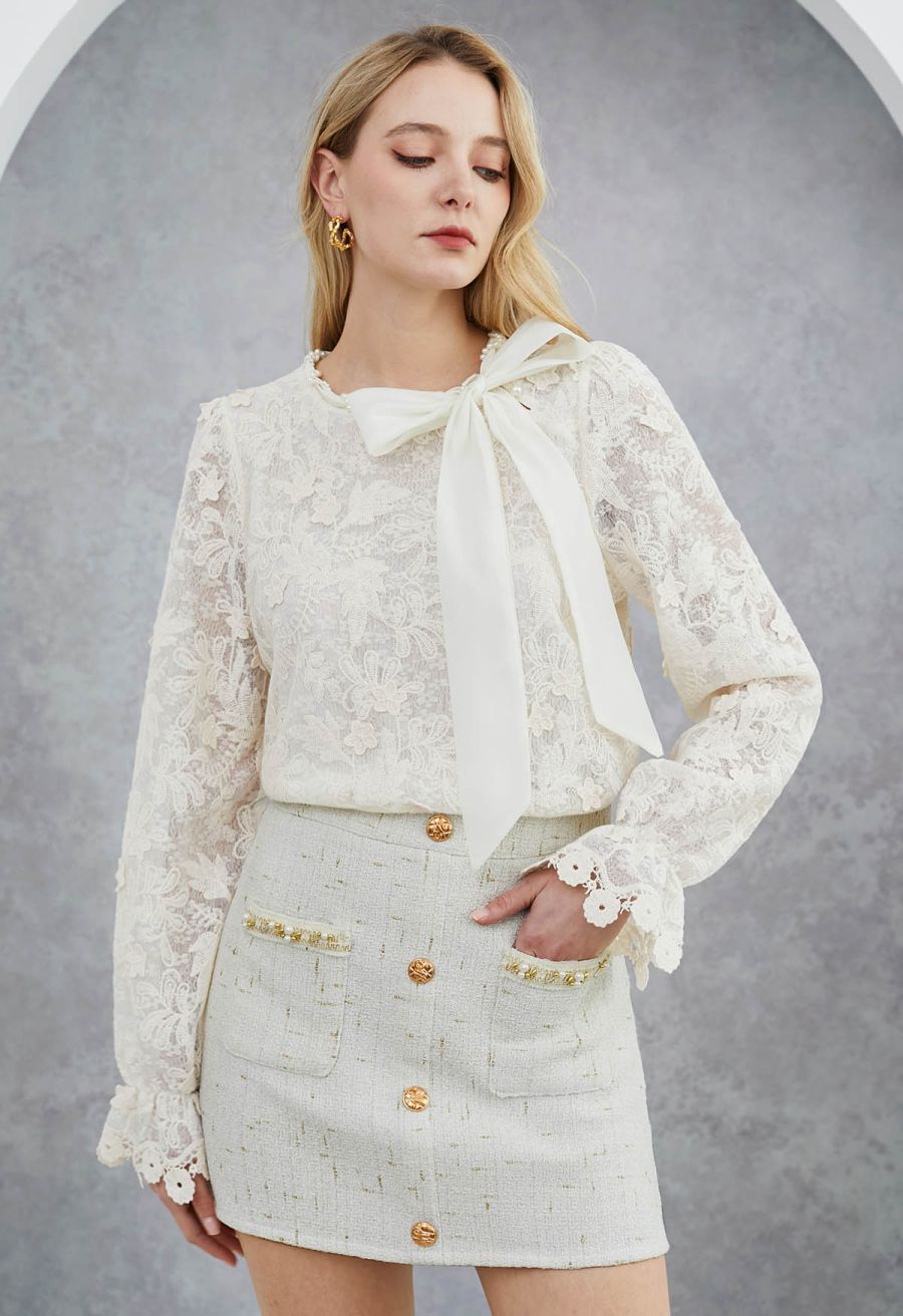 Button Decor Beaded Tweed Mini Bud Skirt in White