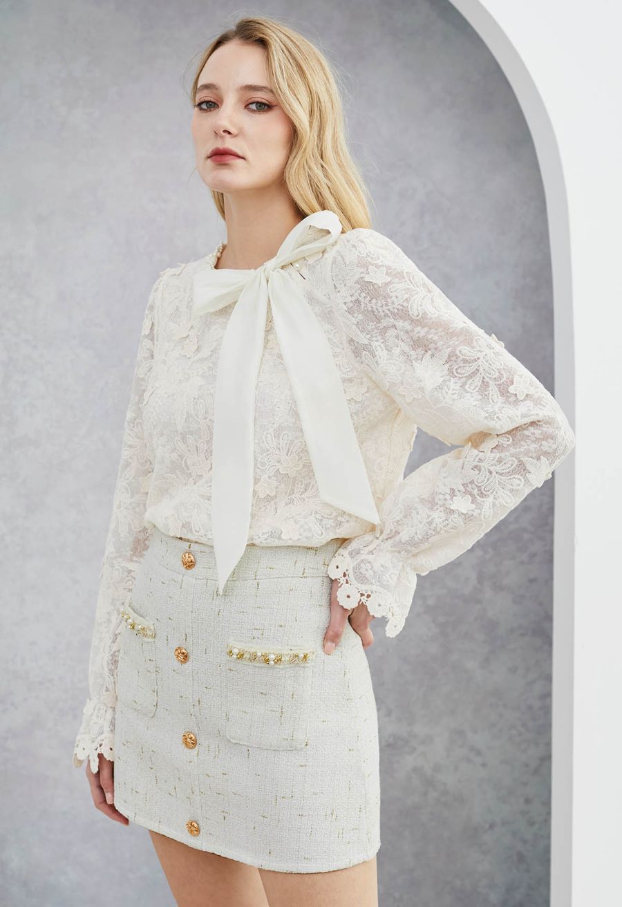Button Decor Beaded Tweed Mini Bud Skirt in White