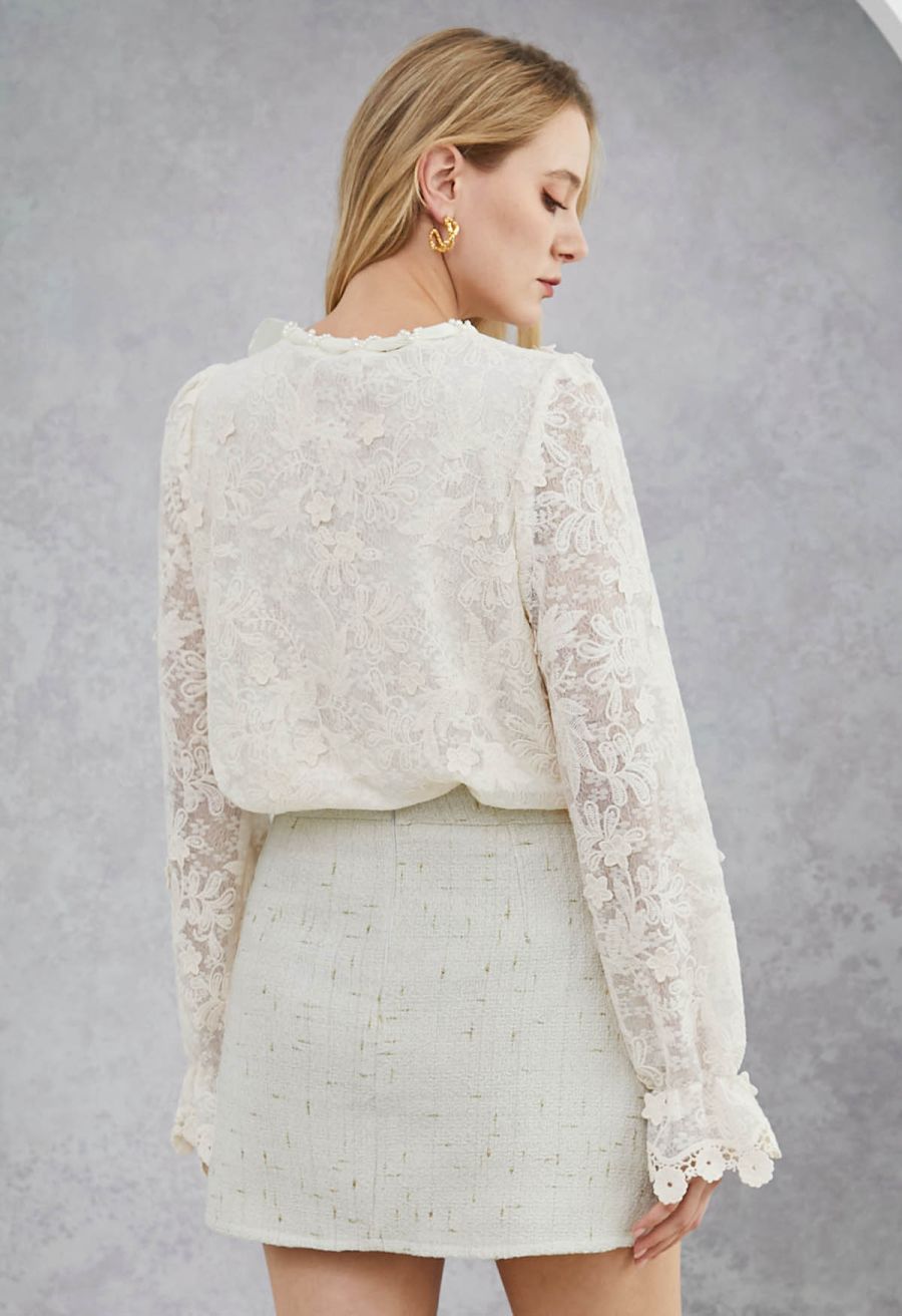 Button Decor Beaded Tweed Mini Bud Skirt in White
