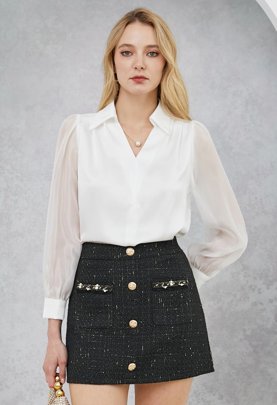 Button Decor Beaded Tweed Mini Bud Skirt in Black